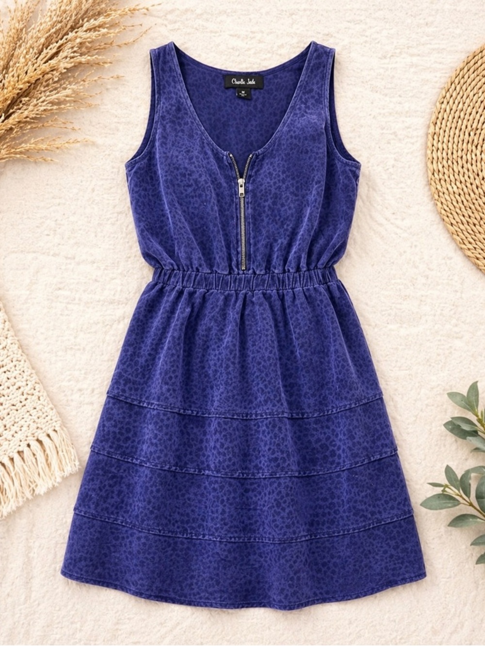 Charlie Jade Purple Sleeveless Dress Size M Zip Front Tiered Mini Casual Boho